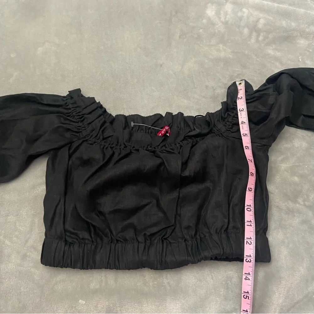 STAUD Tristan Black Linen Off-the-Shoulder Crop Top with Long Sleeves NWOT - Picture 5 of 11
